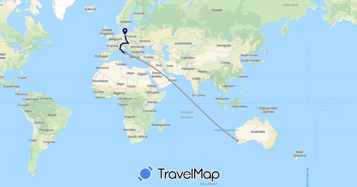 TravelMap itinerary: driving, plane in Austria, Australia, Czech Republic, Germany, Italy, Liechtenstein (Europe, Oceania)